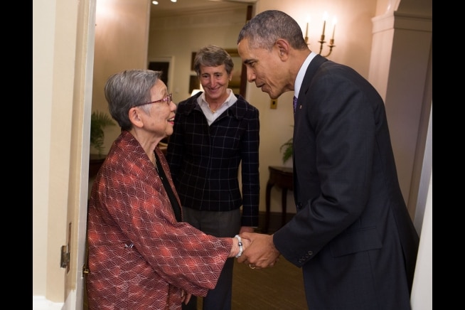 President Barack Obama Greets Jane Kurahara to Honouliuli National Momument Signing (Official White House Photo by Pete Souza)