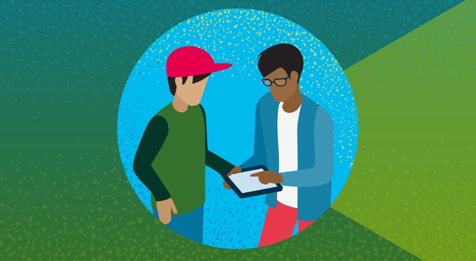 Illustration with blue and green background and bubble with two men in conversation holding an iPad