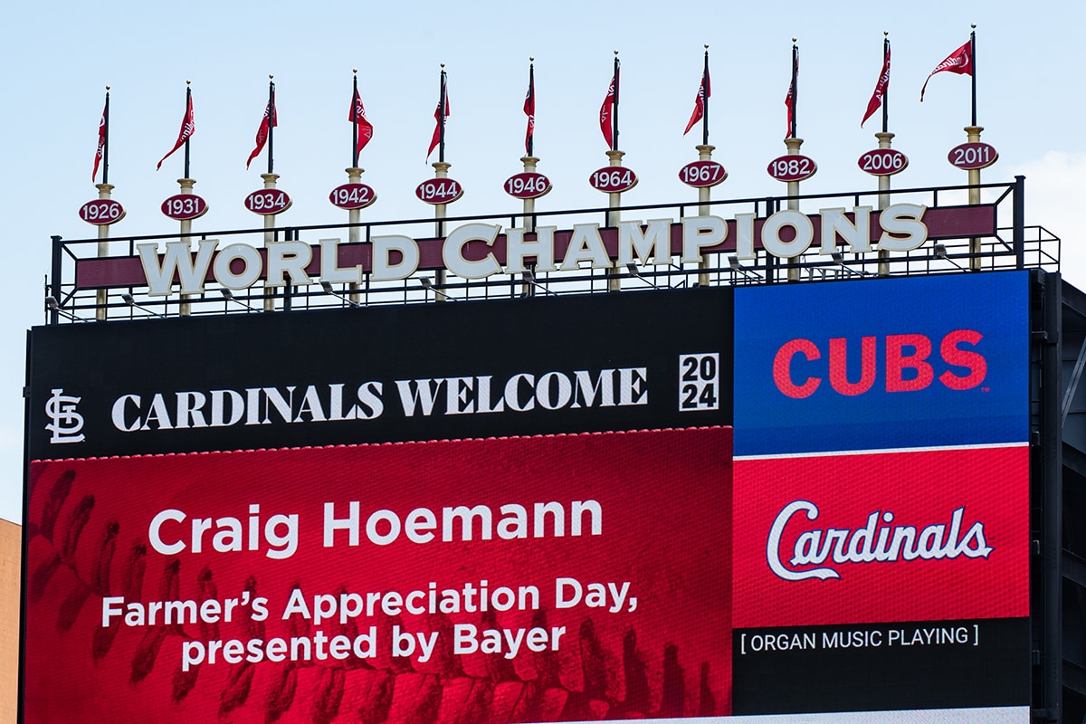 Scoreboard at Busch Stadium announcing farmer appreciation day