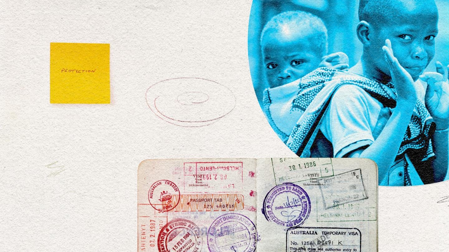 Collage of passport and image of children