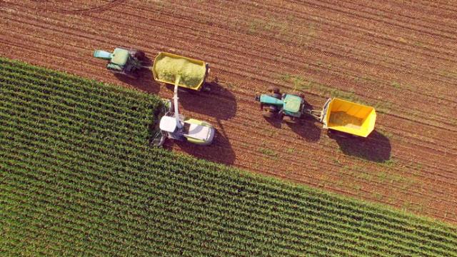 An aerial view of a tractor in a field.