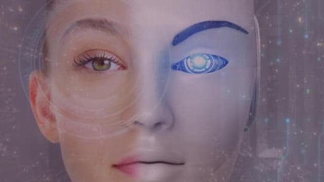 An image of a woman's face with a robot in the background.