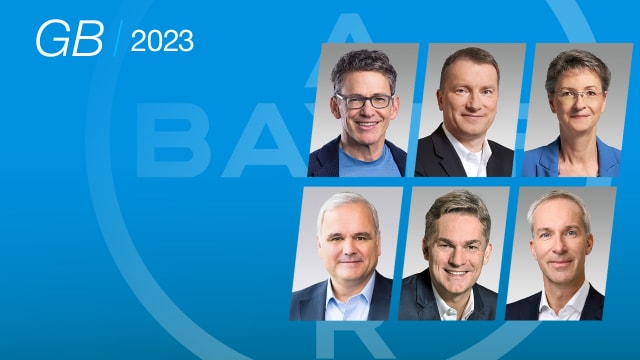 Geschäftsbericht 2023: Profilbilder vom Bayer AG Vorstand mit blauem Hintergrund und Bayer Wasserzeichen