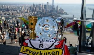 Bayer 04 Trophies with the New York skyline in the background