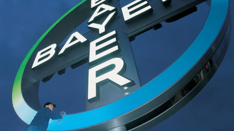 A man is standing on a ladder next to a bayer sign.