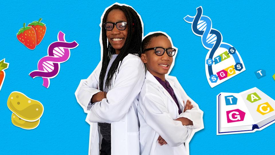 Two girls in lab coats standing in front of a blue background.