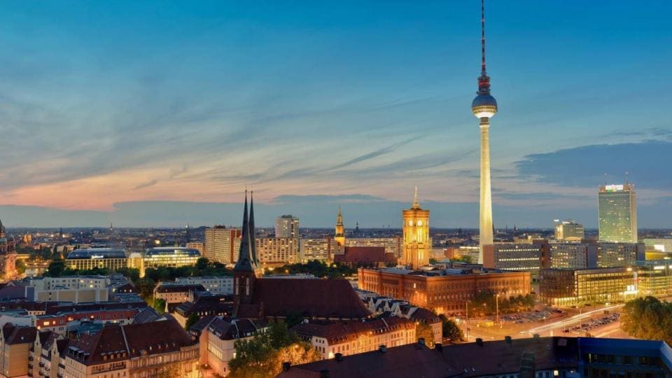 The skyline of berlin at dusk.