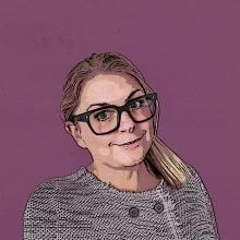 A portrait of a woman with glasses and a purple background.